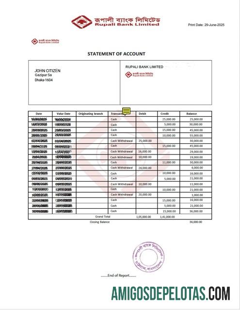 Extrato bancário de Bangladesh Rupali para impressão, modelo Word e PDF